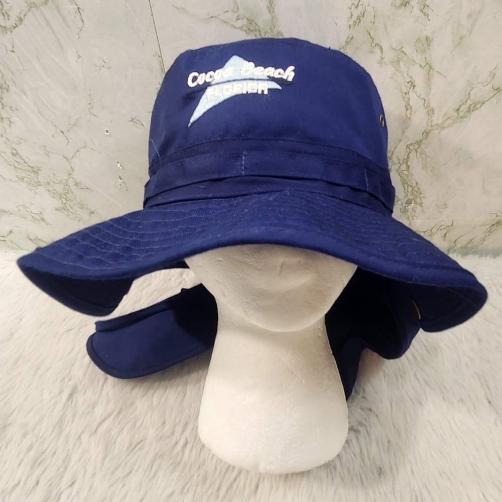 Cocoa Beach FL Deep Blue Cotton Wide Brim Sun Hat with Neck Flap